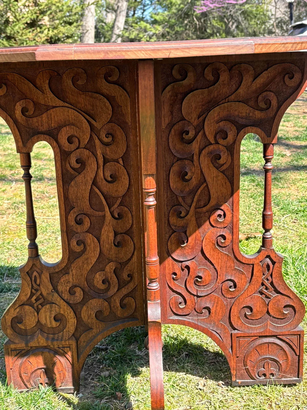 Carved table that was supposedly bought in Scotland and shipped here. Incredible detail. Ideas on when and where it might be made? Any thoughts appreciated.